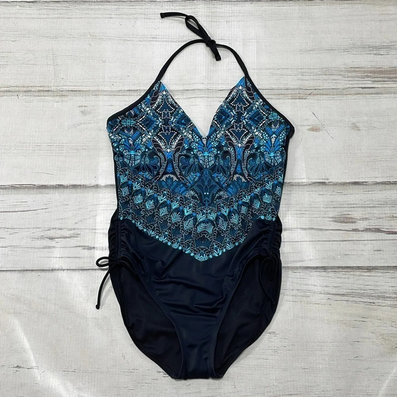 Aqua Green Swimsuit Womens X Large XL Blue Black NWT Geometric Halter One-Piece - Picture 12 of 17